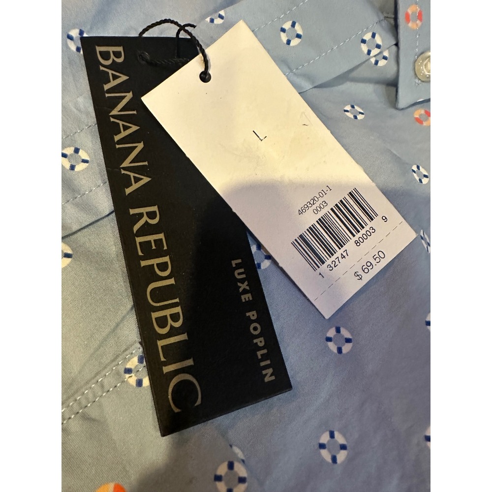 Banana Republic Luxe Poplin Slim Fit Nautical Lifebuoy Shirt Blue Womens L NEW